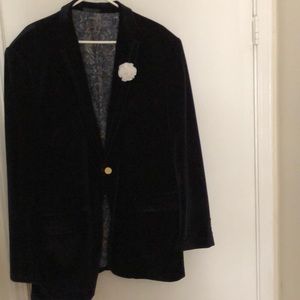 Velvet navy blue blazer with black trim